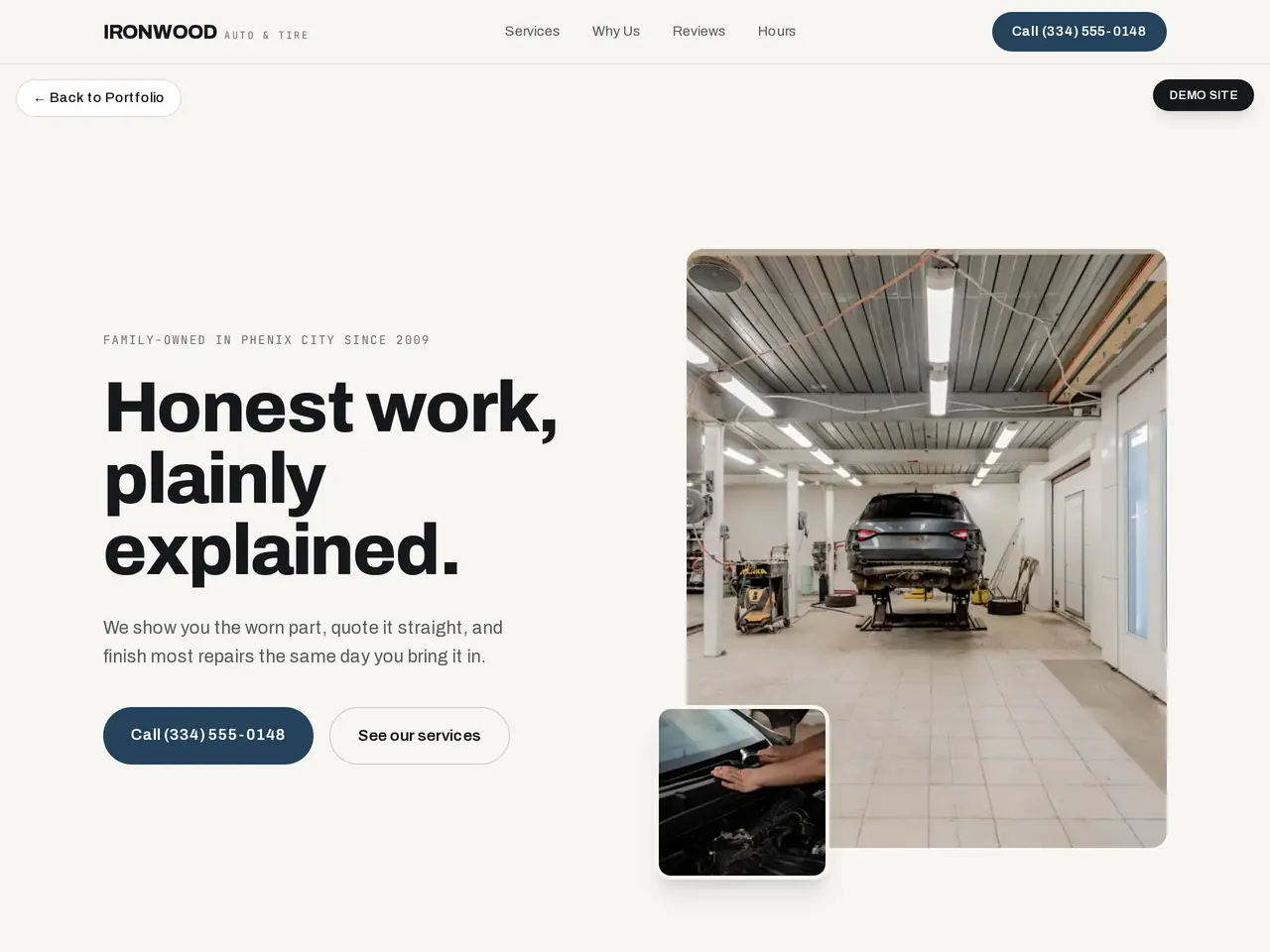Ironwood Auto & Tire demo site homepage.